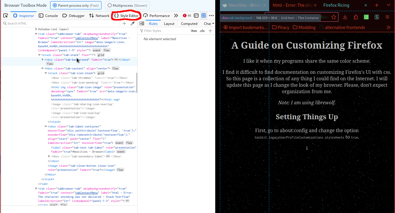 Picture showing the inspect element window in action.